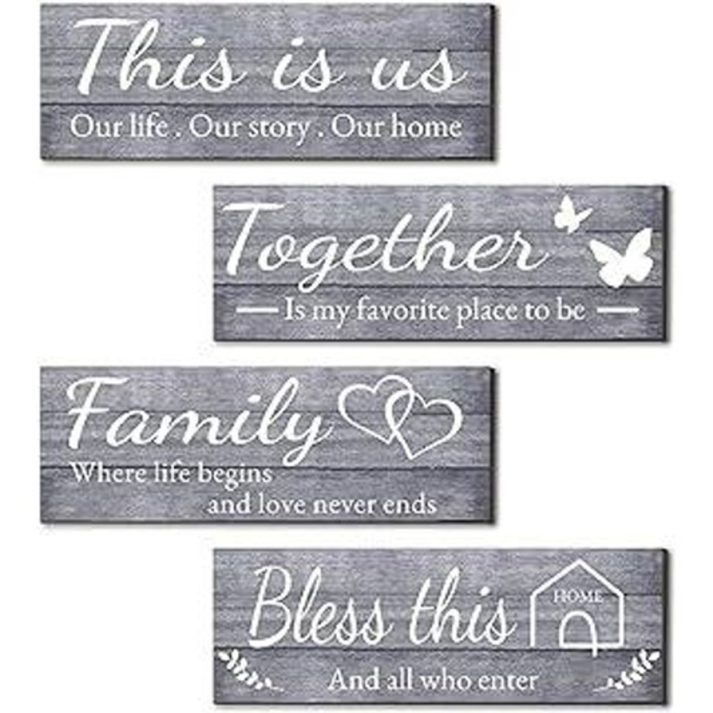 Set of 4 Rustic Farmhouse Wall Signs Family Home Bless This House Grey Wood